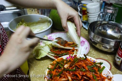 Spreading kimchi chili paste...